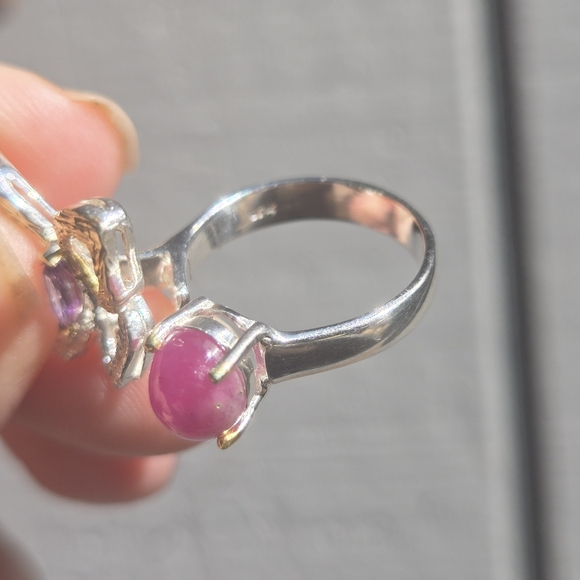 Star Ruby 3k & Amethyst butterfly sterling & gold ring sz7 adjustable open - Picture 8 of 10